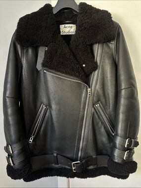Acne Studios Black Shearling-Trim Leather Biker Jacket